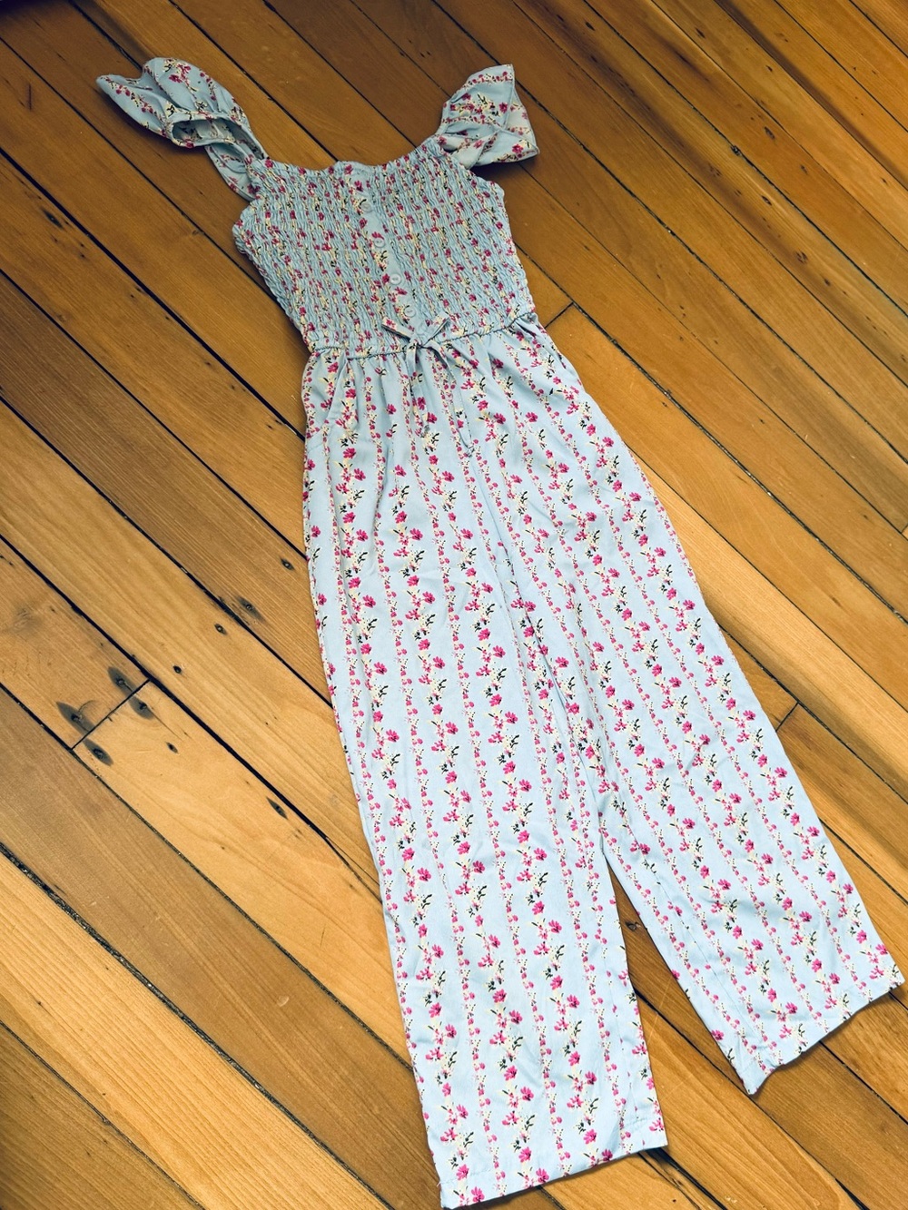 Japna Girls Light Blue Floral Smocked Jumpsuit with Tie Waist